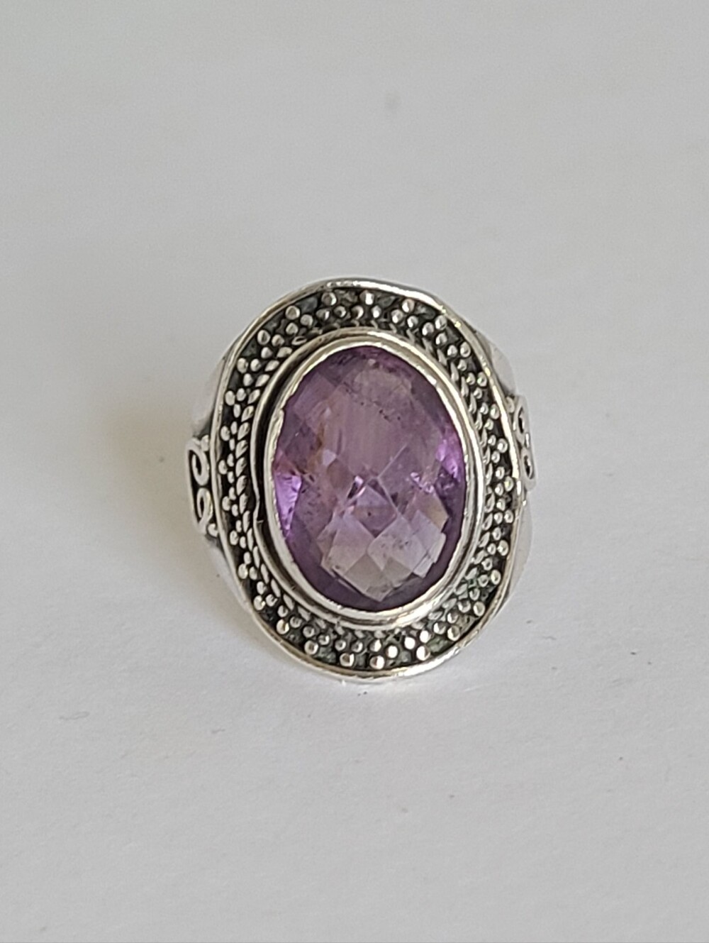 Vintage Boho Western Sterling Silver Chunky Faceted Oval Purple Amethyst Ring